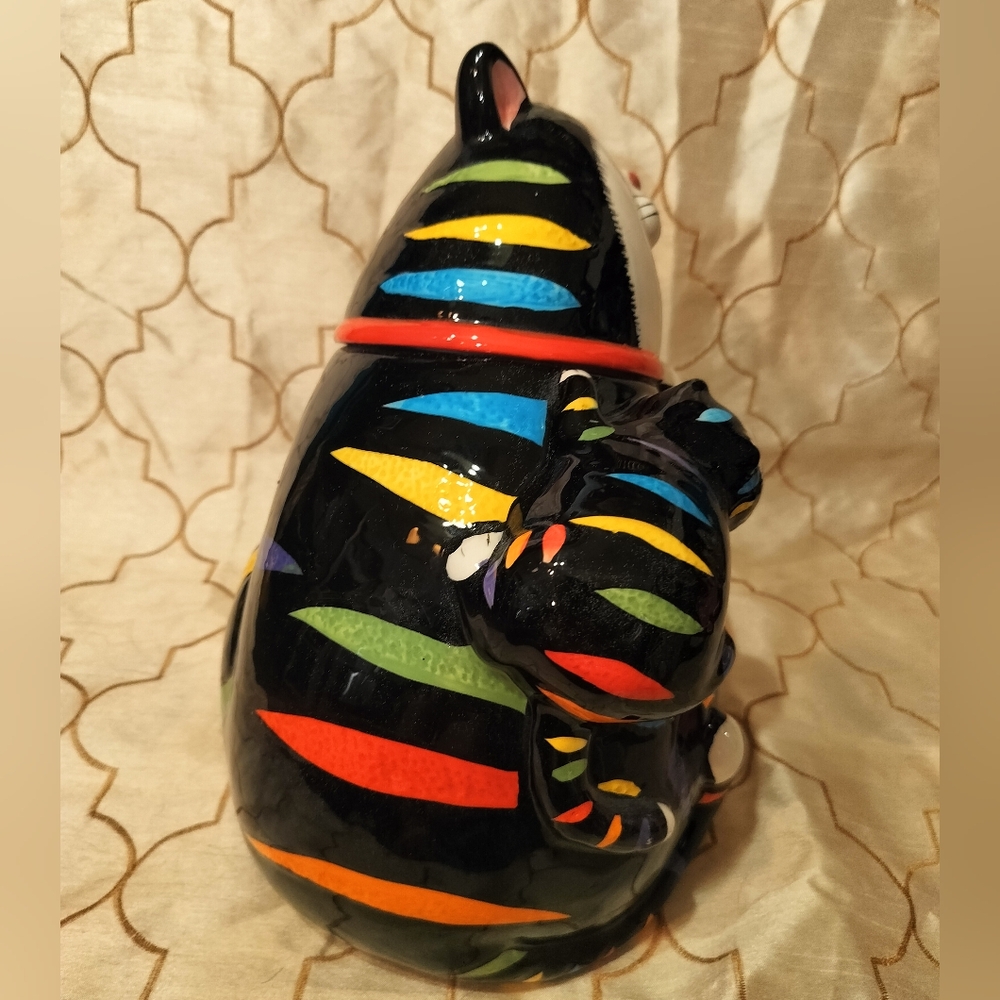 Vintage CKAO Black Cat With Multi Color Strip Ceramic Cookie Jar - Picture 5 of 13